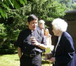 Fr. Rey Usman and Sr. Marion MacDonald chat while celebrating the 40th anniversary of the Opening Mass at St. Gerard's, Sept. 4, 2011.