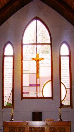 Simple stained glass windows at St. Gerard's Catholic Christian Church, Bowen Island, B.C.